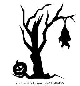 Ebony tree silhouette with pumpkin and bat