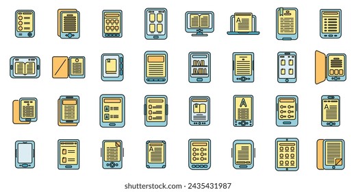 E-book application icons set outline vector. Book reader. Digital tablet color line isolated