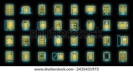 E-book application icons set outline vector. Book reader. Digital tablet neon isolated
