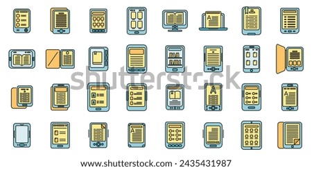 E-book application icons set outline vector. Book reader. Digital tablet color line isolated
