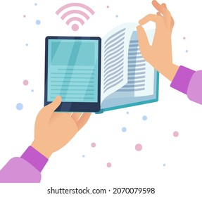 E-book. Audiobook listening. Online library. Person holding book and digital tablet. Internet studying. Electronic technologies for reading literature. Educational courses. Vector concept