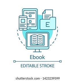 Ebook blue concept icon. Online learning idea thin line illustration. Consideration content. Distance education. E-learning. Online lesson. Vector isolated outline drawing. Editable stroke