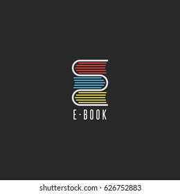 E-book bookstore logo, on-line school education emblem mockup, reading club icon, stack books in the shape of the letter E symbol.