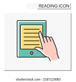 E-book color icon. Electronic book reader.Digital file with text and pictures. Modern device.Reading concept. Isolated vector illustration