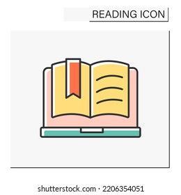E-book color icon. Electronic book reader. Digital file with text and pictures. Modern device.Reading concept. Isolated vector illustration