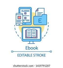Ebook concept icon. Online learning idea thin line illustration. Electronic book. Consideration content. Distance education. E-learning. Vector isolated outline drawing. Editable stroke