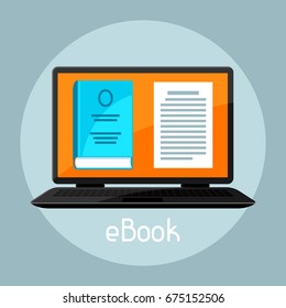 E-book concept. Laptop with book. Digital library online reading.