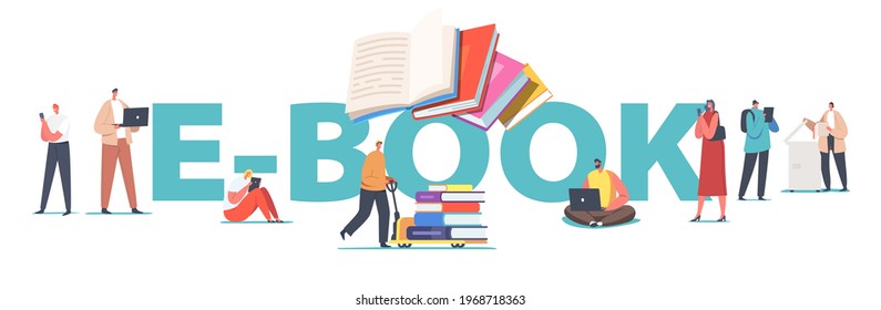 E-Book Concept. Male and Female Characters Reading Use Gadgets, Electronic Library, E-Learning and Online Education Poster, Data Digitization Banner or Flyer. Cartoon People Vector Illustration