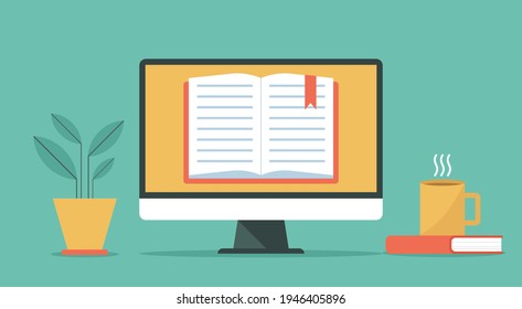 e-book concept on computer with textbook, electronic education or e-learning and online learning, flat vector design illustration