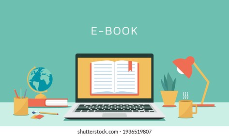 e-book concept on laptop computer with textbook, electronic education or e-learning and online learning, flat design vector illustration
