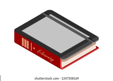E-book concept on white background. Distance learning. Modern methods of study and training. Vector stock illustration