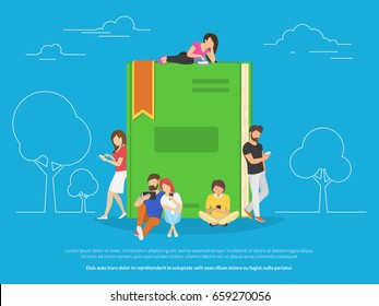 E-book concept vector illustration of young people using smartphones and tablet pc for reading interesting books and education. Flat design of guys and girls sitting near big book and reading