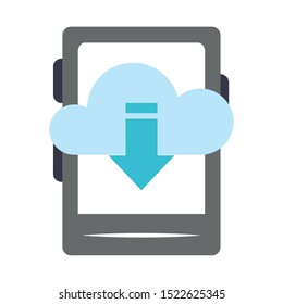 ebook device with cloud storage with download arrow down icon over white background, vector illustration