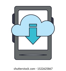 ebook device with cloud storage with download arrow down icon over white background, vector illustration
