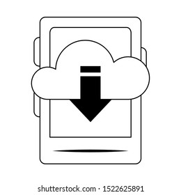 ebook device with cloud storage with download arrow down icon over white background, vector illustration