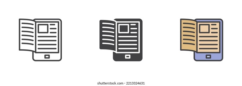 Ebook different style icon set. Line, glyph and filled outline colorful version, outline and filled vector sign. Audio book symbol, logo illustration. Vector graphics
