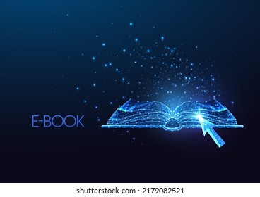 E-book, Digital Library, Online Learning Concept With Futuristic Open Book And Arrow Pointer