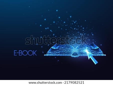 E-book, digital library, online learning concept with futuristic open book and arrow pointer
