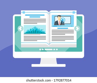 E-book or Digital Textbooks for Online Learning or Remote Study with Video Tutorial by Mentor or Teacher. Lesson from Home during Pandemic Isolation or Quarantine School University College Closure. 