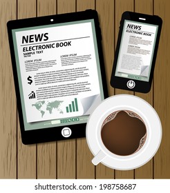 E-book display on tablet vector and coffee cup