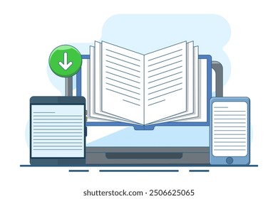 E-Book-Download-Konzept, Lesen von E-Books auf Handy oder Computer, E-Book-Sammlung. Archiv, E-Reading, Literatur. Inhalt auf dem Bildschirm - konzeptionelle Zielseitenvorlage mit Symbolen und Text.