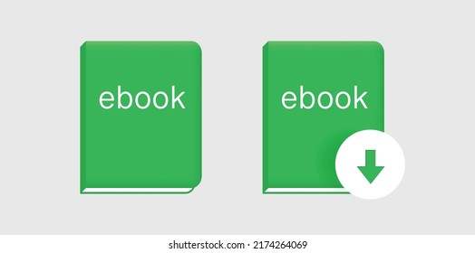 Ebook for download mockup. Green realistic volume with web arrow for reading on electronic devices with useful vector pastime