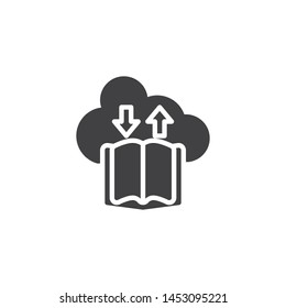 eBook download and upload vector icon. Online library store filled flat sign for mobile concept and web design. Cloud with book and arrows glyph icon. e learning symbol, logo illustration. 