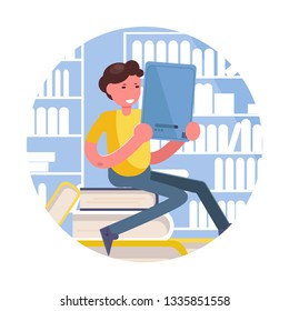 E-book, e-learning  Man reading book in the library 
Vector. Cartoon. Isolated art 