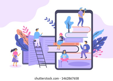 E-book and electronic library concept with small characters people reading books. Vector illustration