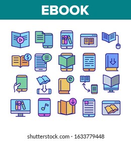 Ebook Electronic Tool Collection Icons Set Vector Thin Line. Ebook Device For Reading, Phone Application, Internet Web Site And Bookmark Concept Linear Pictograms. Color Contour Illustrations