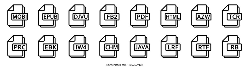 Ebook file format icons. Various ebook formats files. Set of linear icons. Vector illustration.