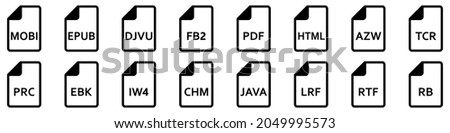 Ebook file format icons. Various ebook formats files. Set of linear icons. Vector illustration.