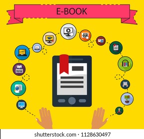 E-book flat icons concept. Vector illustration. Element template for design.