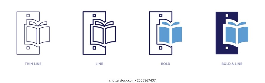 Ebook icon in 4 different styles. Thin Line, Line, Bold, and Bold Line. Duotone style. Editable stroke.