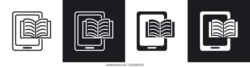 Icono de libro electrónico colección en blanco y negro relleno y estilo de línea de trazo.