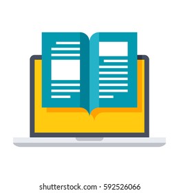 EBook Icon With Laptop And Book In Flat Style