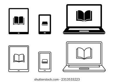 Marcador de icono del libro electrónico y conjunto de materiales en blanco y negro para el dibujo de la línea de tablet y smartphone