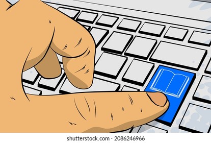Icono de libro electrónico en el teclado del equipo. Hombre empuja el teclado en el portátil. Concepto de estilo de libro de historietas.