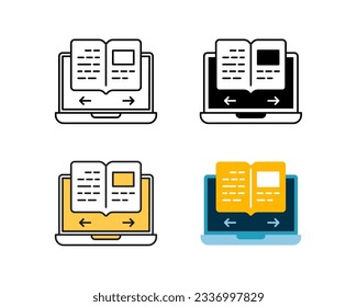 e-book icon on laptop vector design in 4 style line, glyph, duotone, and flat