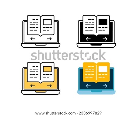 e-book icon on laptop vector design in 4 style line, glyph, duotone, and flat
