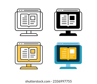 e-book icon on monitor vector design in 4 style line, glyph, duotone, and flat