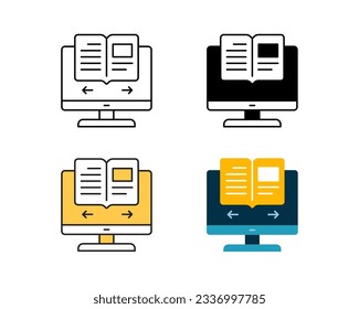 e-book icon on monitor vector design in 4 style line, glyph, duotone, and flat