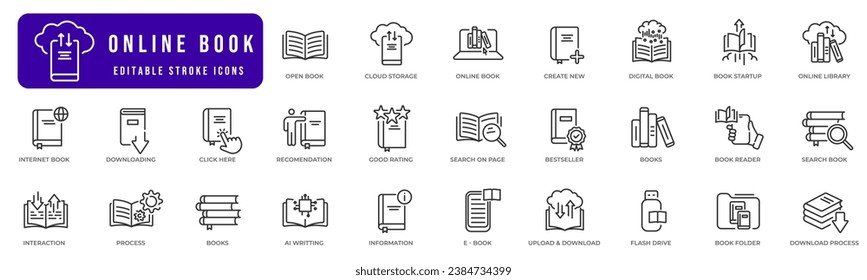 Juego de pictogramas de iconos del libro electrónico. Biblioteca, educación, libro de libros, computadora, lector, etc. Accidente cerebrovascular editable