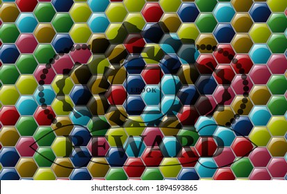 Ebook icon and Reward text Colorful candy multicolored realistic badge. Hexagon chic background. Illustration. 