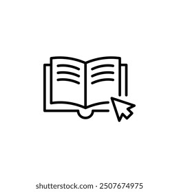 E-book icon. A simple vector illustration of an open book with a cursor arrow, representing digital reading or online education. Ideal for e-learning, online educational content. Vector illustration.