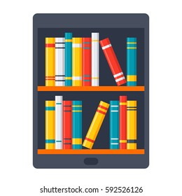eBook icon with tablet and bookshelves in flat style