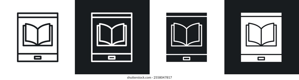 E-book icons pack in black and white filled and outlined versions.