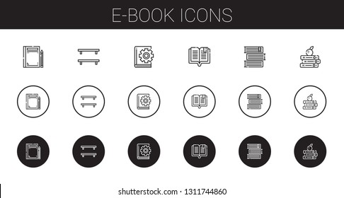 e-book icons set. Collection of e-book with book, bookshelf, books. Editable and scalable e-book icons.