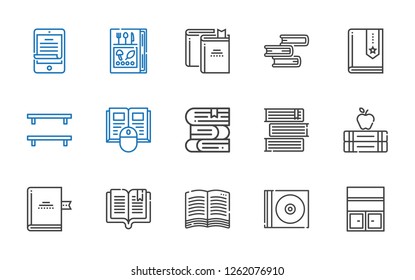 e-book icons set. Collection of e-book with bookshelf, cd, book, books, ereader. Editable and scalable e-book icons.