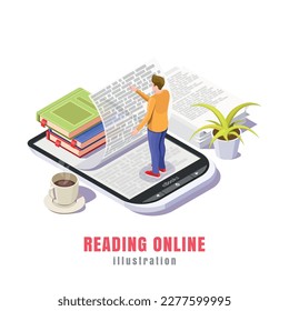 e-book illustration concept, a young guy reads an e-book for learning. Vector illustration. Landing page for the web.